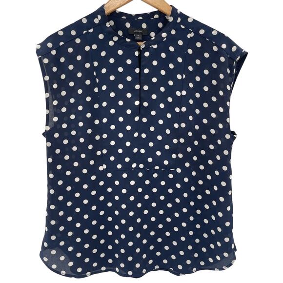 J. Crew Drapey Cap-Sleeve Navy Polka Dot Blouse Layering Shirt Comfy Size Medium - Picture 1 of 10